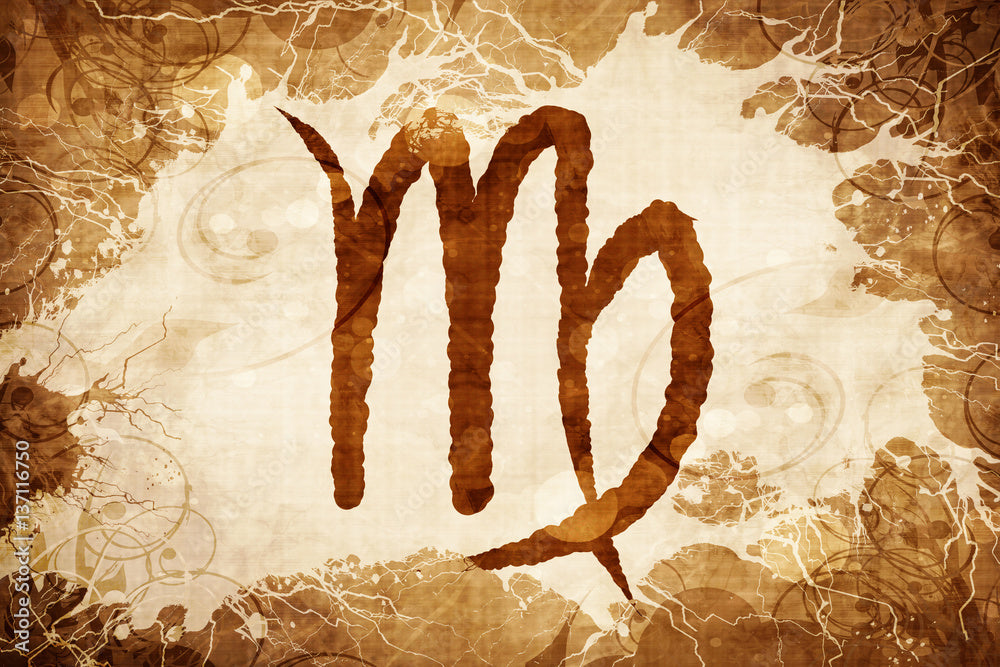 Virgo zodiac symbol against a rich brown background